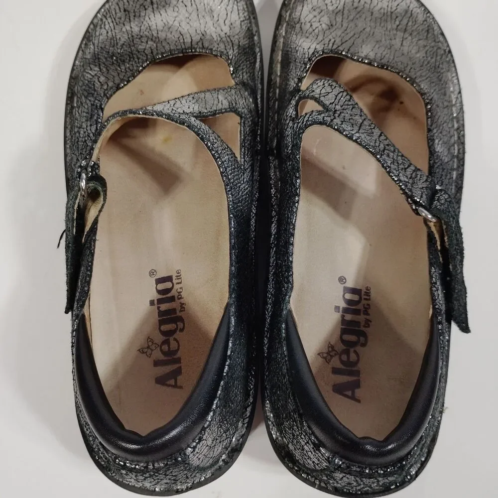 Alegria Womens Size 38 US 7.5 Onyx Crackle Jill Metallic Mary Jane JIL-752